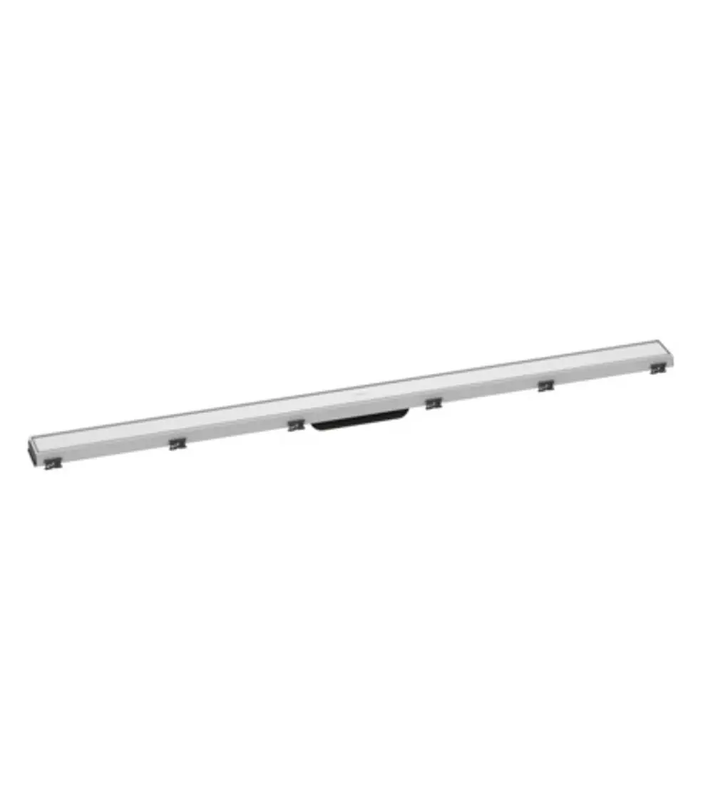 Lange, flache Duschrinne aus Metall von Hansgrohe mit schwarzem Griff in der Mitte, geeignet für die Integration in Duschen.